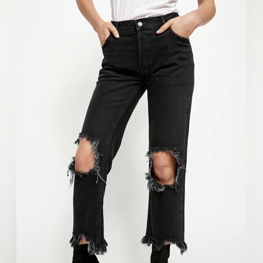 Free People Black Wash Distressed Cropped Jeans